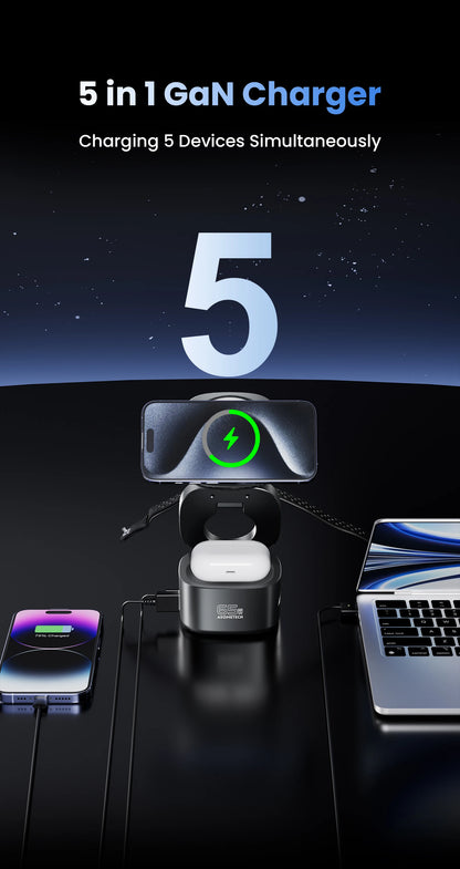 65W GaN USB Type C Wireless Charger Station 5 In 1 USB C PD3 0 QC3 0 For Mackook iPad iPhone 16 AirPods iWatch Wireless Charger