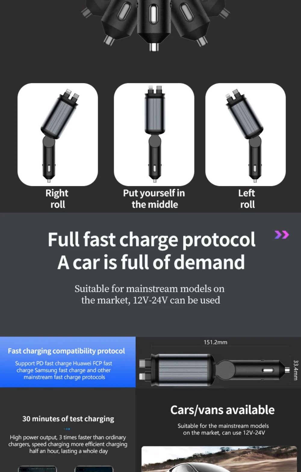 Super Fast Car Phone Charger, 100W Car Phone Charger with Retractable Cables USB and Type-C Port, 4 IN 1 Retractable Car Charger