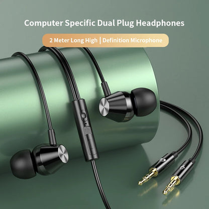 Wired Earphones Half In Ear Type 3.5mm Dual Plug Gaming Headset HiFi Bass Stereo Curved HD Earbuds For Laptops Mobile Phones