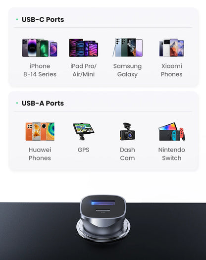 UGREEN Car Charger Type C Fast USB Charger for iPhone 15 14 13 Xiaomi Car Charging Quick 4.0 3.0 Charge Mobile Phone PD Charger