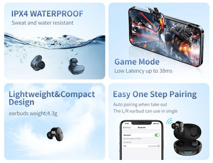 Bluetooth 5.3 Wireless Earbuds Touch Control AI ENC for Clear Calls,Customized EQ APP,Low Latency Game Mode,Long Playtime,type-c