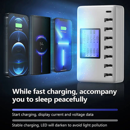 USB Charging Station 8-Ports 60W 12A Multi USB C Hub Charger with LCD Display for Cellphone  Tablet Multiple Devices iPhone 14 8