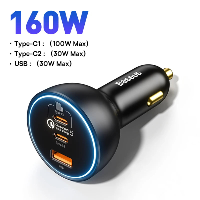 Baseus 160W Car Charger QC 5.0 Fast Quick Charging PPS PD3.0 USB Type C Car Phone Charge For iPhone 13 14 15 Pro Laptops Tablets