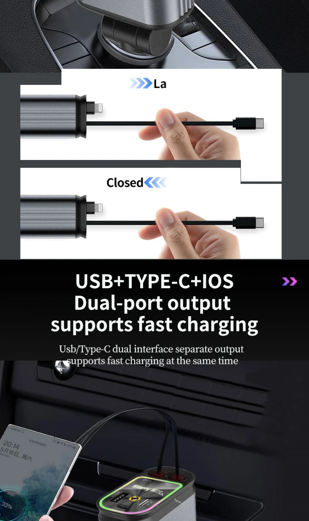 Super Fast Car Phone Charger, 100W Car Phone Charger with Retractable Cables USB and Type-C Port, 4 IN 1 Retractable Car Charger