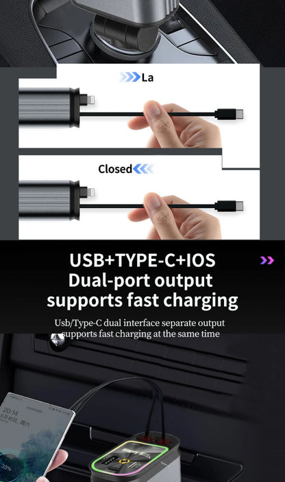 Super Fast Car Phone Charger, 100W Car Phone Charger with Retractable Cables USB and Type-C Port, 4 IN 1 Retractable Car Charger