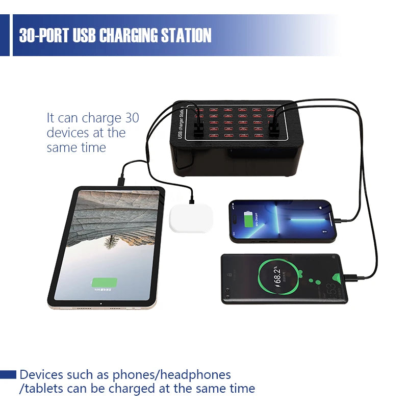 30-port USB charging station, smart current distribution, protect your device