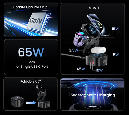 65W GaN USB Type C Wireless Charger Station 5 In 1 USB C PD3 0 QC3 0 For Mackook iPad iPhone 16 AirPods iWatch Wireless Charger