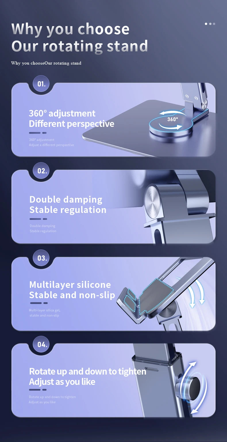 Aluminum Tablet Stand 360°Rotating Folding Adjustable Desk Holder Mount Riser for iPad Pro Air 4 Mini 12.9 4-14 Inch Xiaomi Tab