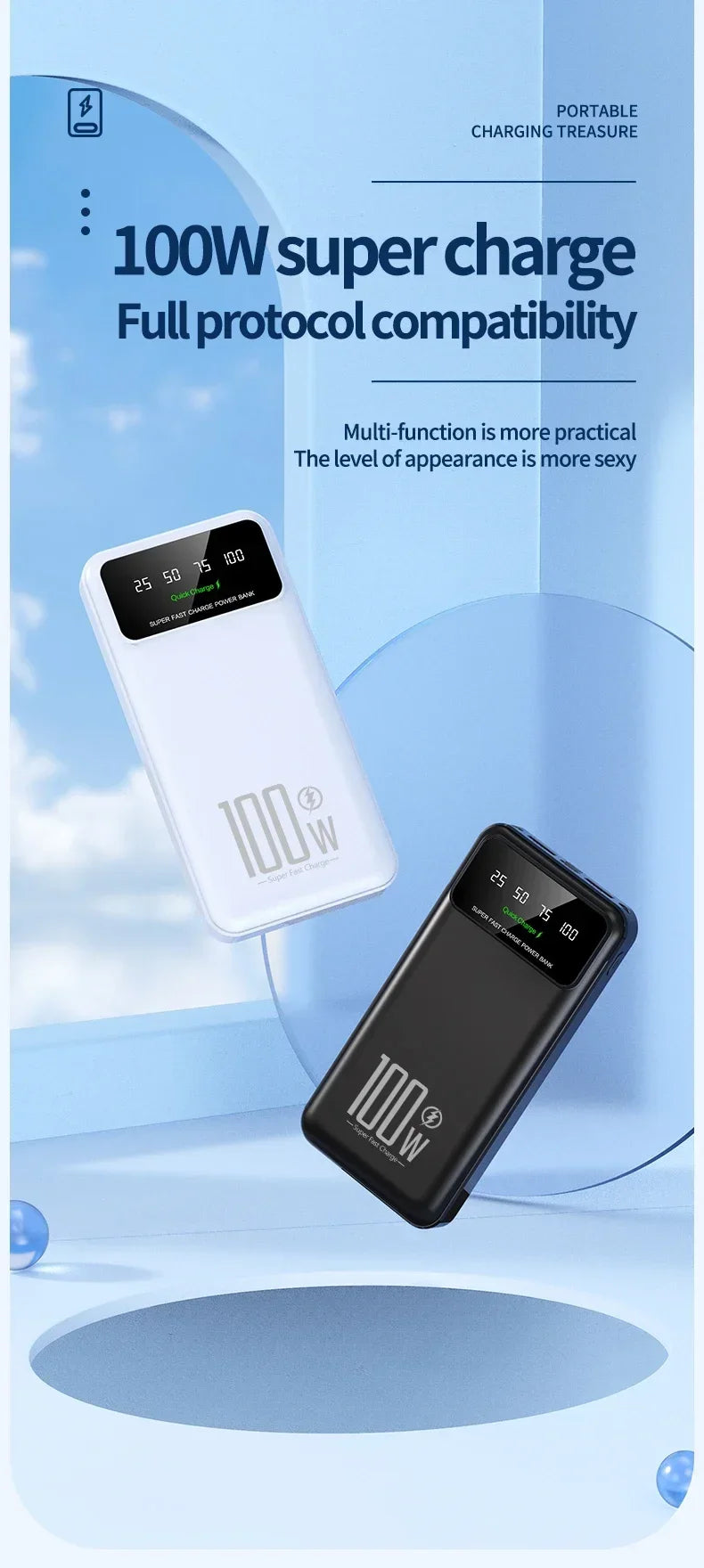 New Portable 100W Super Fast Charging Power Bank 30000mAh Large Capacity with LED Ligh Digital Display for IPhone Xiaomi Huawei