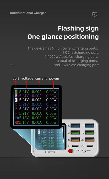 65W USB Type C Multi Function Charger Station Wireless Charing Fast 8 Ports PD QC3.0 Quick Charge Power Adapter for phone