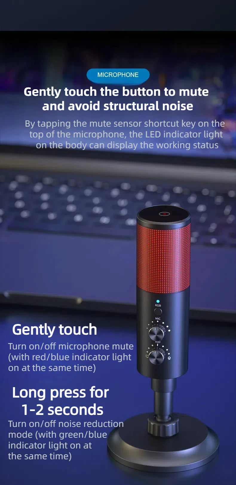 Gaming USB Microphone,Noise Cancellation Condenser mic,RGB Microphone with Mute,Gain,Monitoring,Boom Arm,Pop Filter for Phone,PC