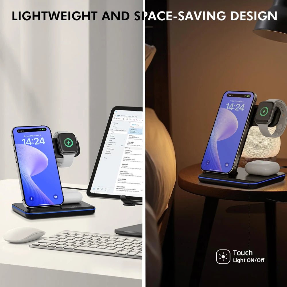 Wireless Charger Stand 3in1 Fast Charging With Led Lamp For iWatch 10 9 8 7 6 5 iPhone 16 15 14 13 12 11 X Airpods 4 3 Pro