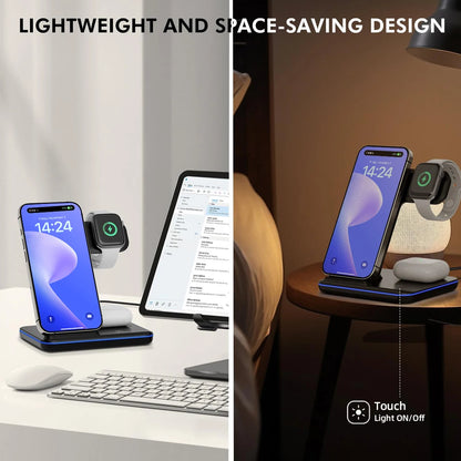 Wireless Charger Stand 3in1 Fast Charging With Led Lamp For iWatch 10 9 8 7 6 5 iPhone 16 15 14 13 12 11 X Airpods 4 3 Pro