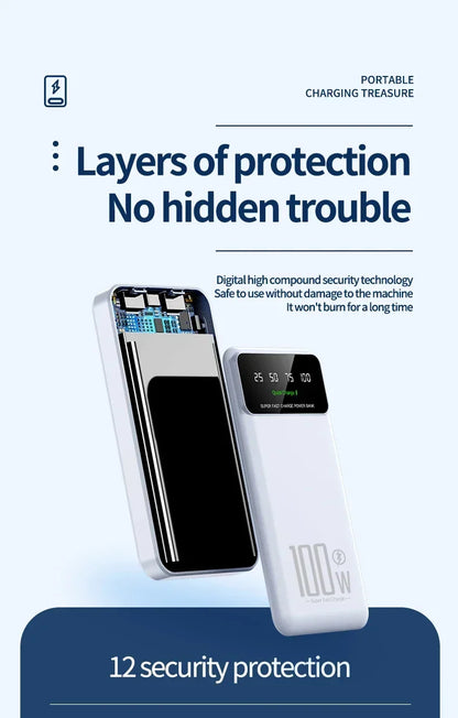 New Portable 100W Super Fast Charging Power Bank 30000mAh Large Capacity with LED Ligh Digital Display for IPhone Xiaomi Huawei