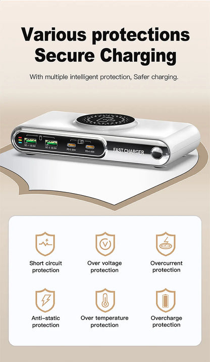 New 72W Multifunction Charger Wireless Charger 4-Port PD+QC USB Type-C Quick Charger Home Travel Office Convenient