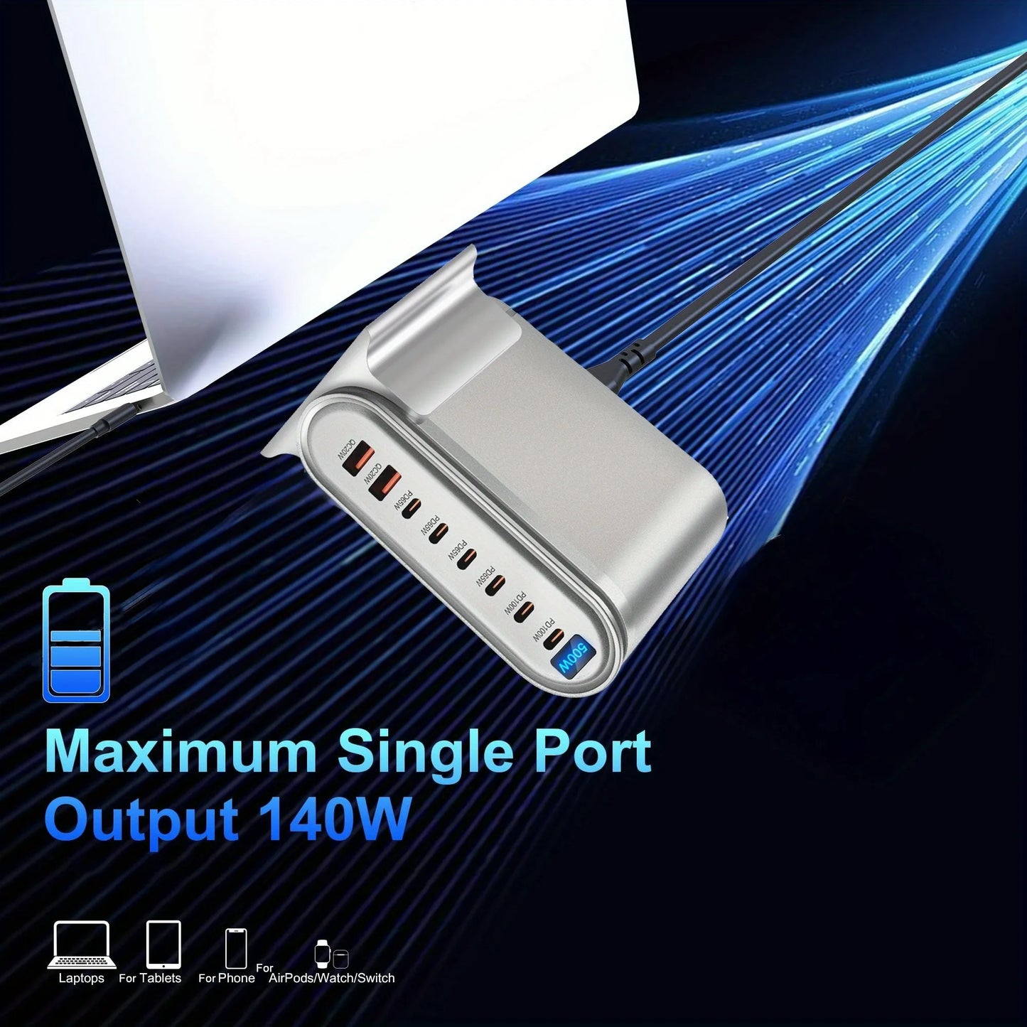 500W 8-Port Desktop Charger Station PD 100W and QC 20W Fast Charging Hub for Cellphones, for iphone, for MacBook LED Indicator