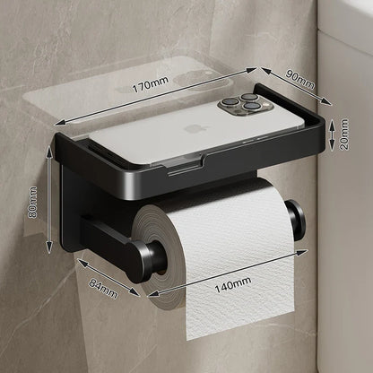 Aluminum Alloy Wall-Mounted Toilet Paper Holder with Shelf - Smallenterprised 