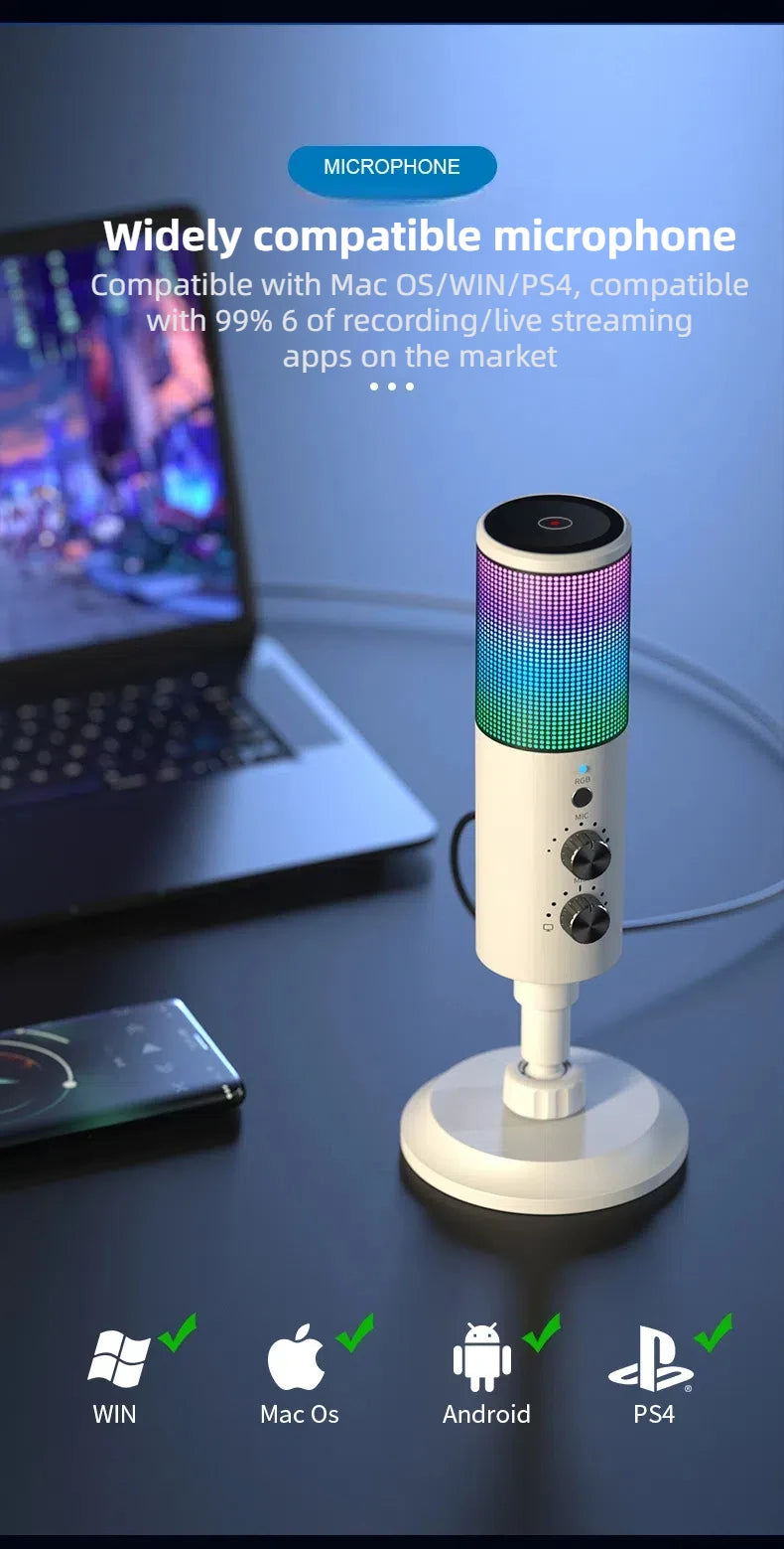 Gaming USB Microphone,Noise Cancellation Condenser mic,RGB Microphone with Mute,Gain,Monitoring,Boom Arm,Pop Filter for Phone,PC