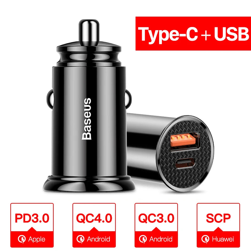 Baseus USB Car Charger Quick Charge 4.0 QC4.0 QC3.0 PPS SCP 5A PD Type C 30W Fast Car USB Charger For iPhone Xiaomi Mobile Phone