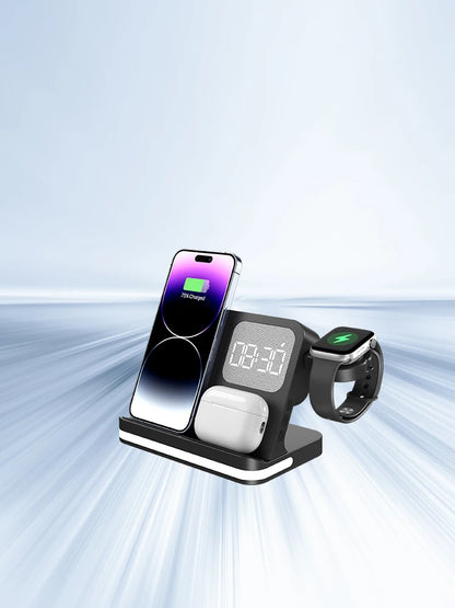 Mobile wireless charger, headphones, and watches can both be charged with clock function