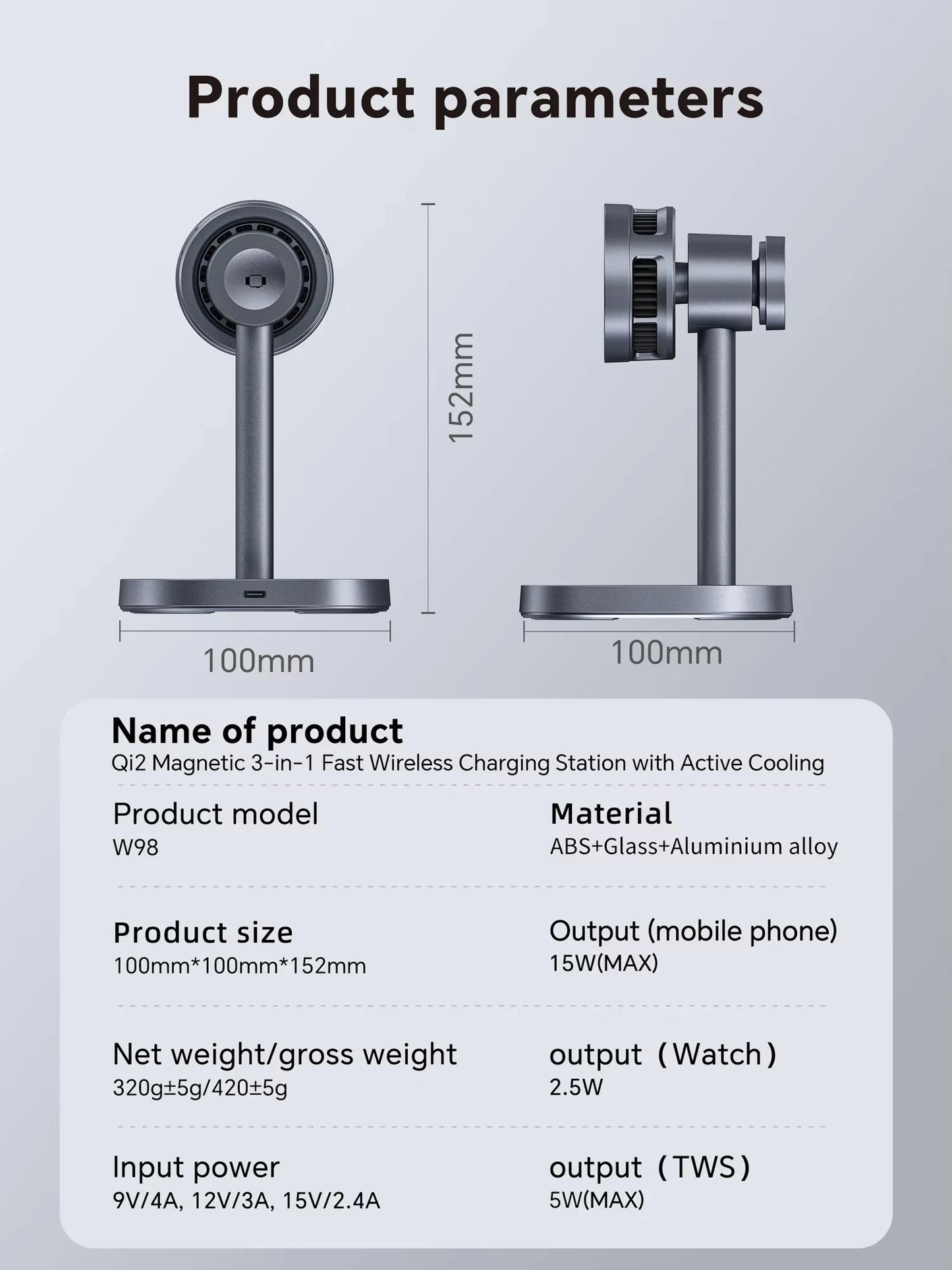 Fast Cooling Wireless Charger, 3-in-1 High-speed QI2 15W Wireless Magnetic Charger, Suitable for IPhone, IWatch and Airpods