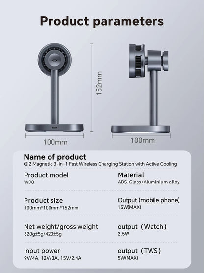 Fast Cooling Wireless Charger, 3-in-1 High-speed QI2 15W Wireless Magnetic Charger, Suitable for IPhone, IWatch and Airpods
