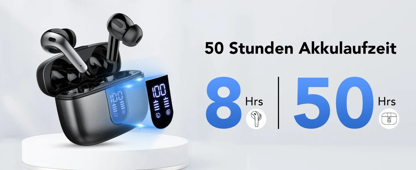 Wireless Earphones with Bluetooth 5.3, Quad-Mic Call Noise Reduction ENC, 50H Playtimes Wireless Earbuds Bluetooth Headphones