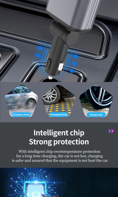 Super Fast Car Phone Charger, 100W Car Phone Charger with Retractable Cables USB and Type-C Port, 4 IN 1 Retractable Car Charger