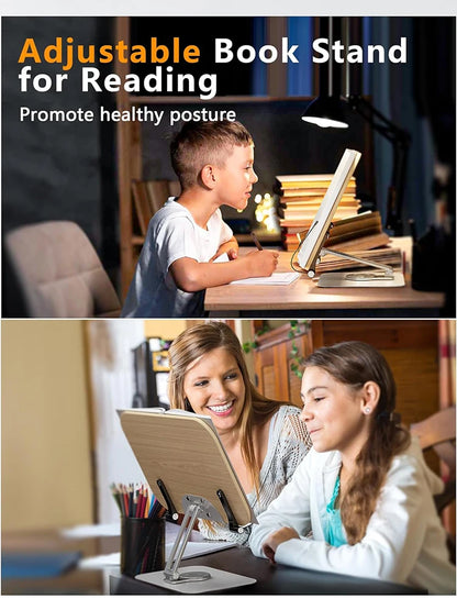 Desktop Book Stand for Reading with 360° Rotating Base Wooden Panel & Page Clips Foldable and Angle for Reading Book Holder