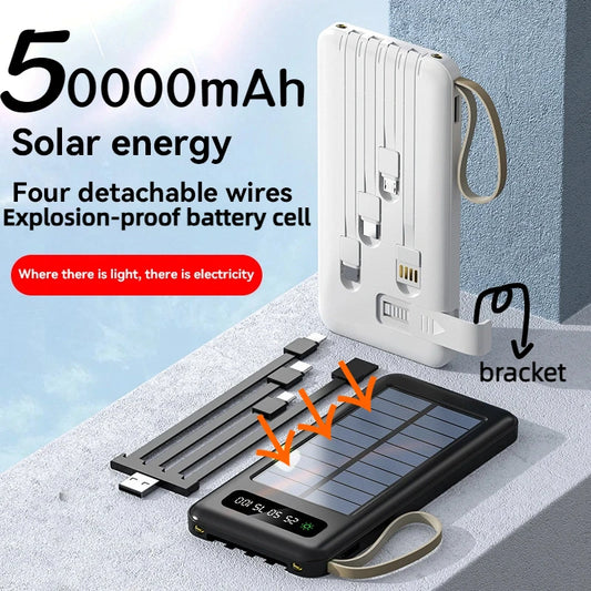Solar Power Bank 50000mAh Large Capacity Mobile Power Fast Charging Battery Dual Usb 4 Cables LED Digital Display For IPhone