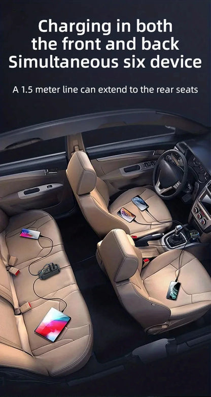 81W Fast Car Charger 6-Port Expansion Simultaneous Front and Rear Charging Type-C 2-USB 1.5m Extension Cable Anti-Slip Clamp