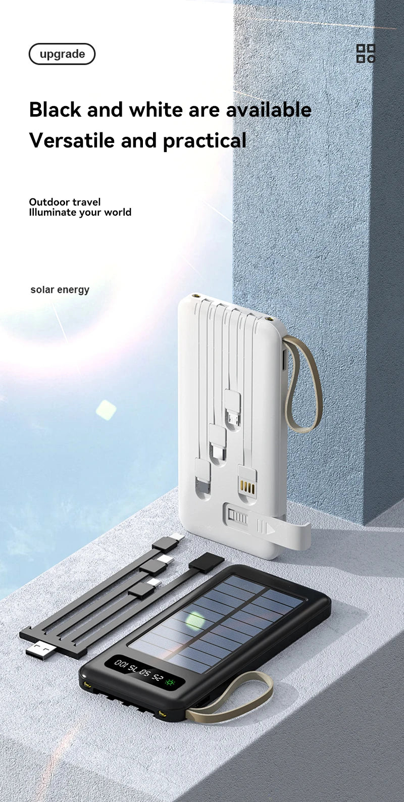 Solar Power Bank 50000mAh Large Capacity Mobile Power Fast Charging Battery Dual Usb 4 Cables LED Digital Display For IPhone