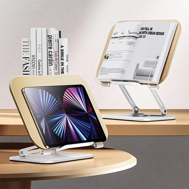Desktop Book Stand for Reading with 360° Rotating Base Wooden Panel & Page Clips Foldable and Angle for Reading Book Holder