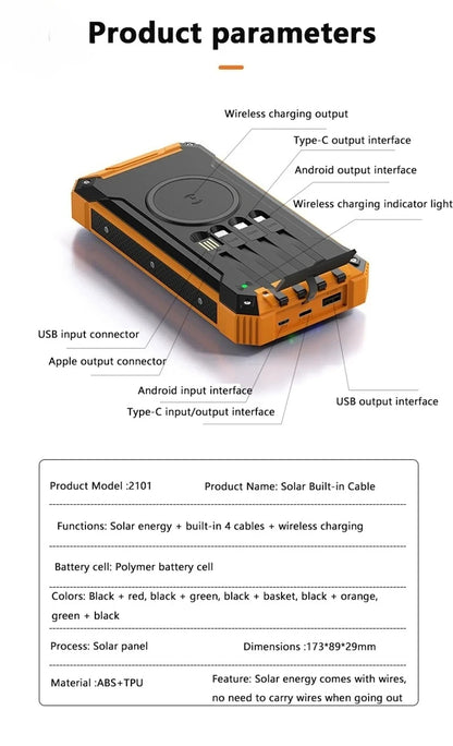 Solar Power Bank Wireless 200000mAh Large Capacity Fast Charging External Battery Outdoor Survival Emergency Equipment