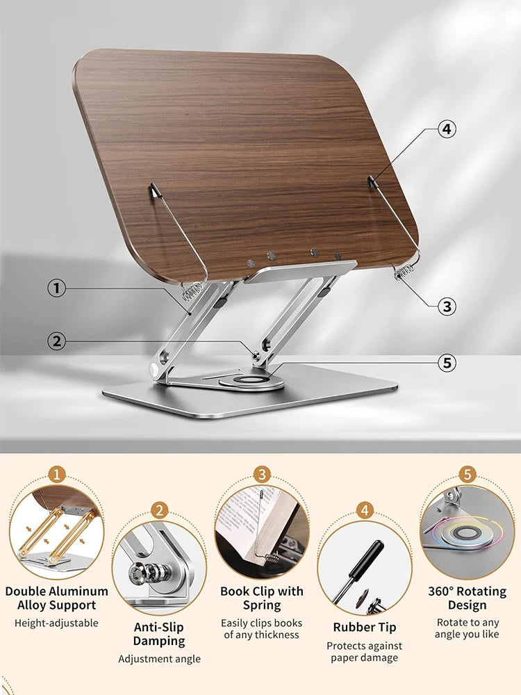 Desktop Book Stand for Reading with 360° Rotating Base Wooden Panel & Page Clips Foldable and Angle for Reading Book Holder