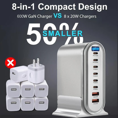 500W 8-Port Desktop Charger Station PD 100W and QC 20W Fast Charging Hub for Cellphones, for iphone, for MacBook LED Indicator