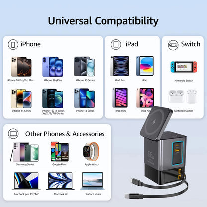 105W 6-in-1 Charging Station with Retractable USB-C Cable Power Combo Tower for Multiple Devices Fast Charger for iPhone, Airpod