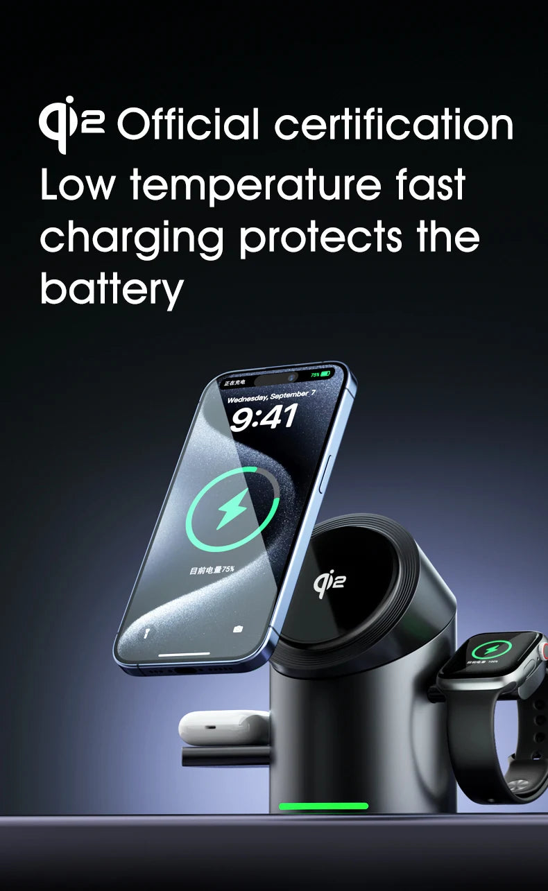 3 in 1 Wireless Charging Station for iPhone16/15/14/13/12 AirPods iWatch for Magsafe Rotation qi2 15W Fast Charging Station