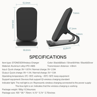 Wireless Charger Mount 10W 7.5W 5W Qi Fast Charging Pad 2 Coils Case Friendly Anti Slip Rubber Type C Input
