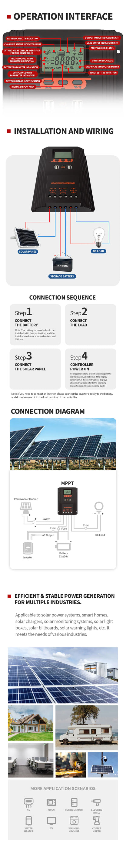 Solar Charger Controller 100A 80A 60A Solar Panel Regulator LCD Display Various Load Control Modes Support GEL Li-ion