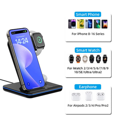 Wireless Charger Stand 3in1 Fast Charging With Led Lamp For iWatch 10 9 8 7 6 5 iPhone 16 15 14 13 12 11 X Airpods 4 3 Pro