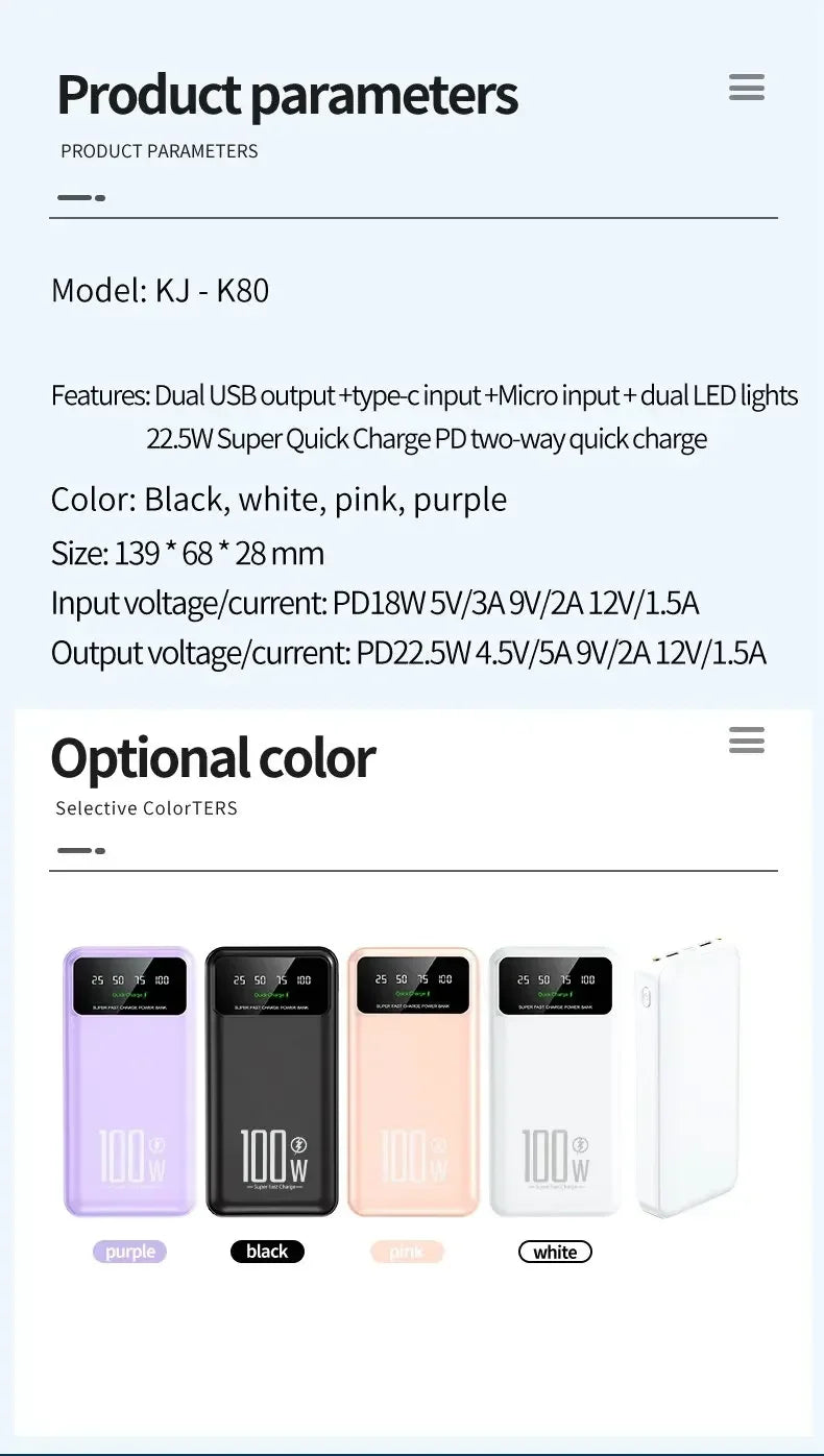 New Portable 100W Super Fast Charging Power Bank 30000mAh Large Capacity with LED Ligh Digital Display for IPhone Xiaomi Huawei