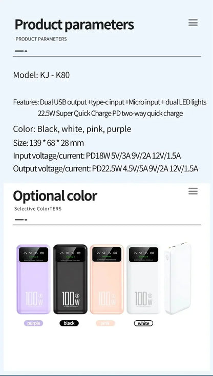 New Portable 100W Super Fast Charging Power Bank 30000mAh Large Capacity with LED Ligh Digital Display for IPhone Xiaomi Huawei