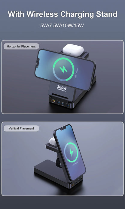 7-in-1 Charging Station 260W GaN Fast USB C Desktop Charger 15W Magnetic Wireless Charger for iPhone 16/15 Pro Max MacBook Pro
