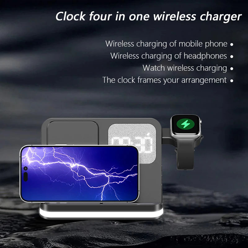 Mobile wireless charger, headphones, and watches can both be charged with clock function