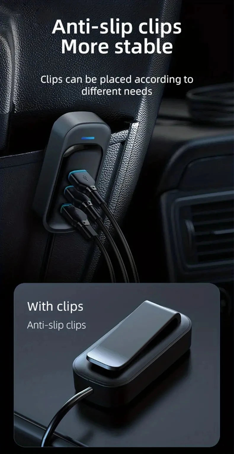 81W Fast Car Charger 6-Port Expansion Simultaneous Front and Rear Charging Type-C 2-USB 1.5m Extension Cable Anti-Slip Clamp