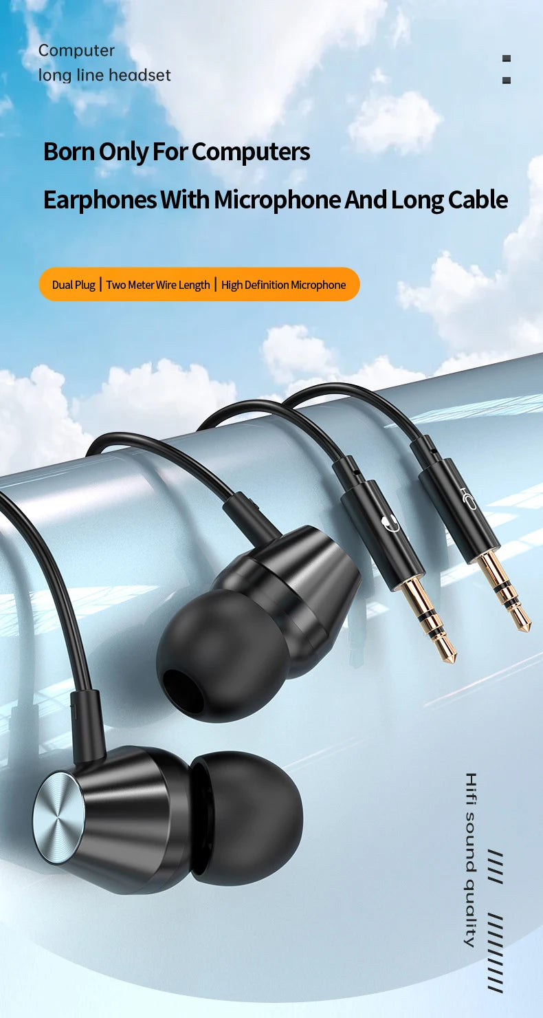 Wired Earphones Half In Ear Type 3.5mm Dual Plug Gaming Headset HiFi Bass Stereo Curved HD Earbuds For Laptops Mobile Phones