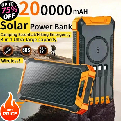 Solar Power Bank Wireless 200000mAh Large Capacity Fast Charging External Battery Outdoor Survival Emergency Equipment