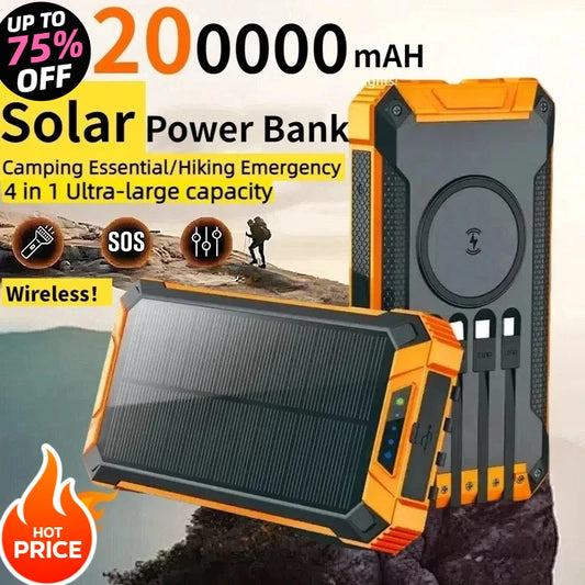Solar Power Bank Wireless 200000mAh Large Capacity Fast Charging External Battery Outdoor Survival Emergency Equipment