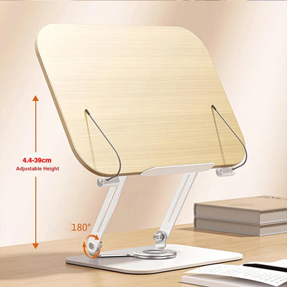 Desktop Book Stand for Reading with 360° Rotating Base Wooden Panel & Page Clips Foldable and Angle for Reading Book Holder